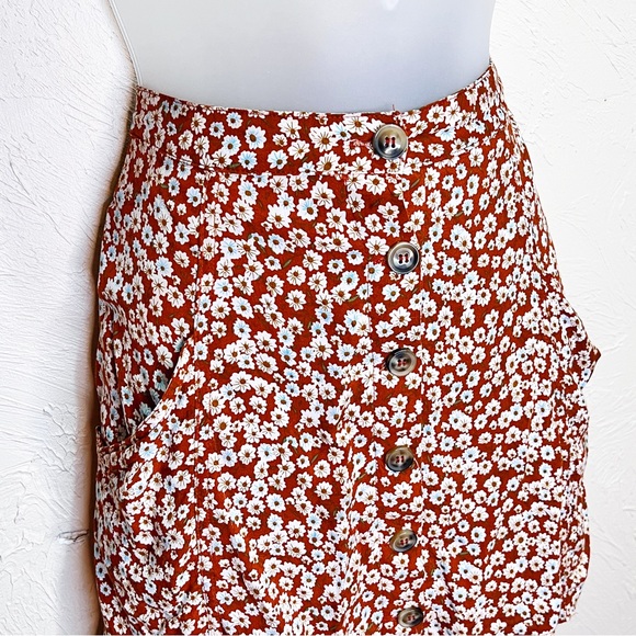 Rust Floral Mini Button Down Skater Skirt Womens 9 Floaty Casual Fall - Picture 2 of 8